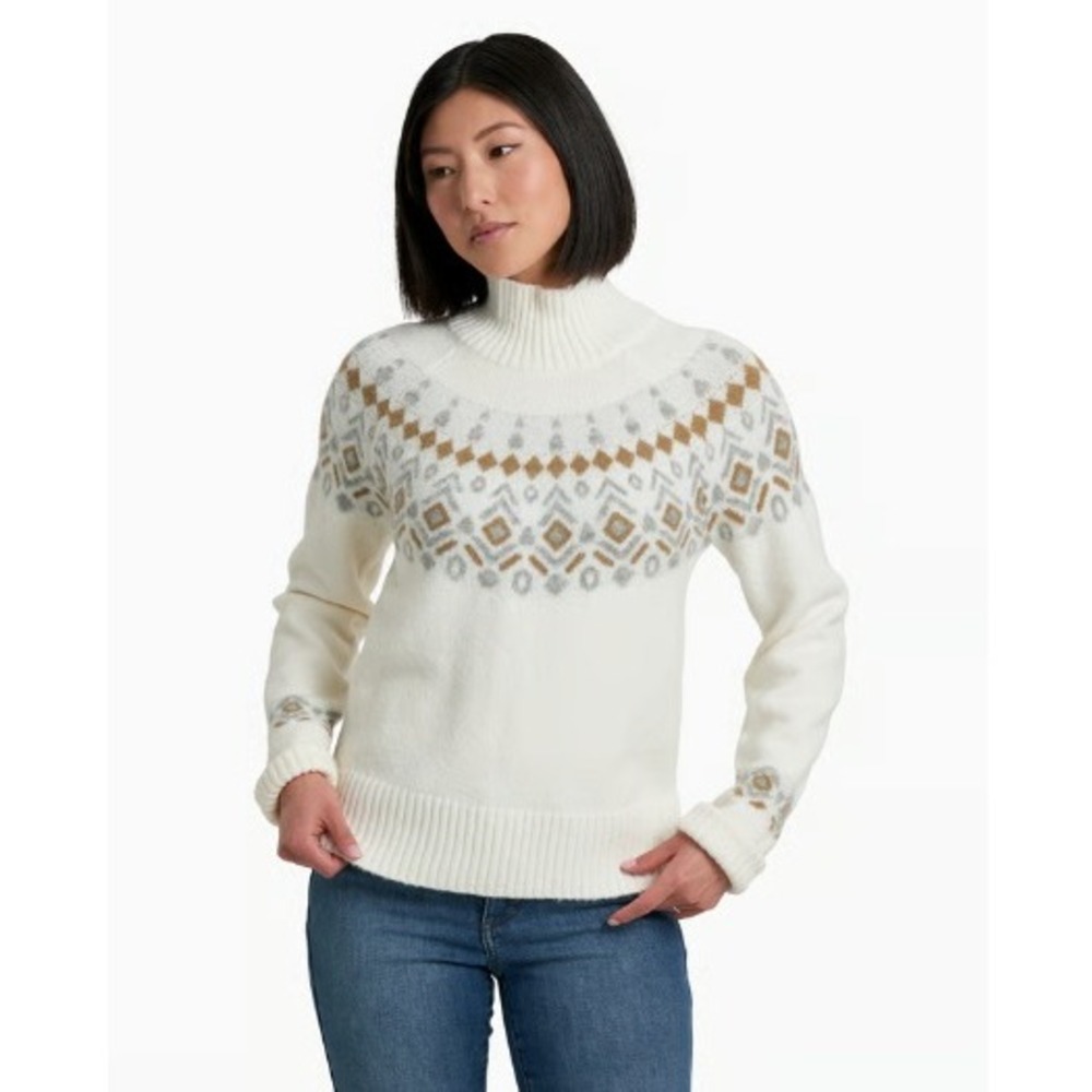 Kuhl Alpina White Fair Isle Mock Neck Sweater Cream Brown Grey Knit Sz M
